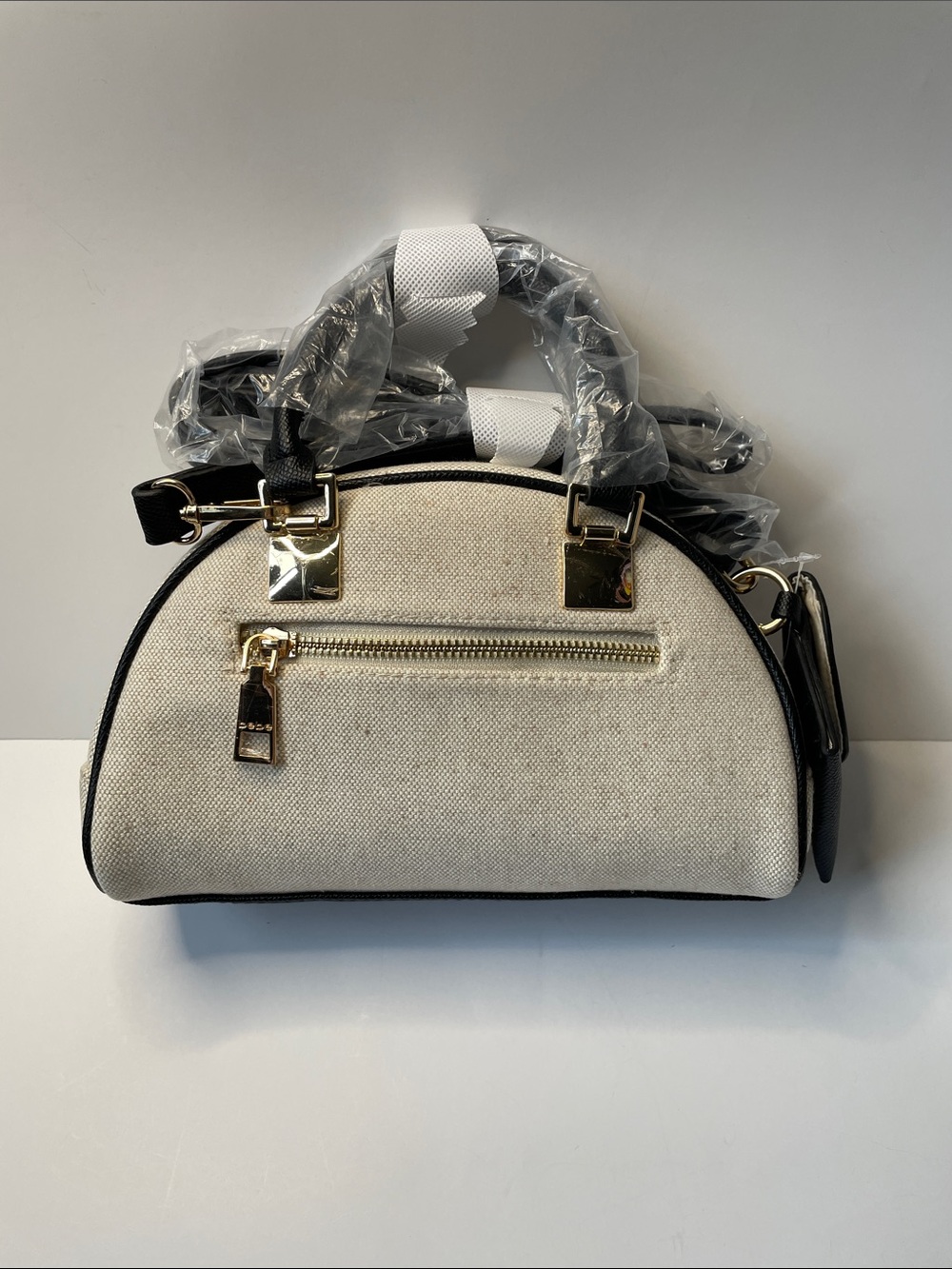 NWT bebe Cream Canvas Satchel with Black Stripes - Picture 2 of 6